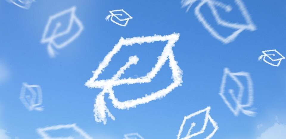 clouds in the sky with graduation caps symbolizing the end goal of the credit recovery program