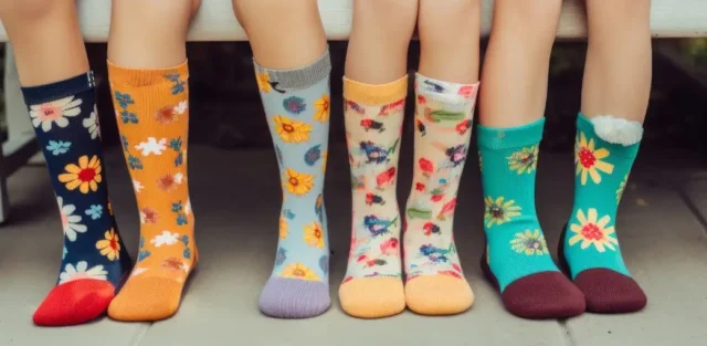 A row of children's legs wearing colorful, mismatched socks with floral patterns, symbolizing individuality and diversity—an inclusive visual representation for a blog about Plan 504 for students with different learning needs.