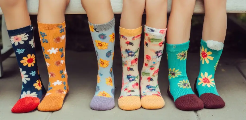 A row of children's legs wearing colorful, mismatched socks with floral patterns, symbolizing individuality and diversity—an inclusive visual representation for a blog about Plan 504 for students with different learning needs.