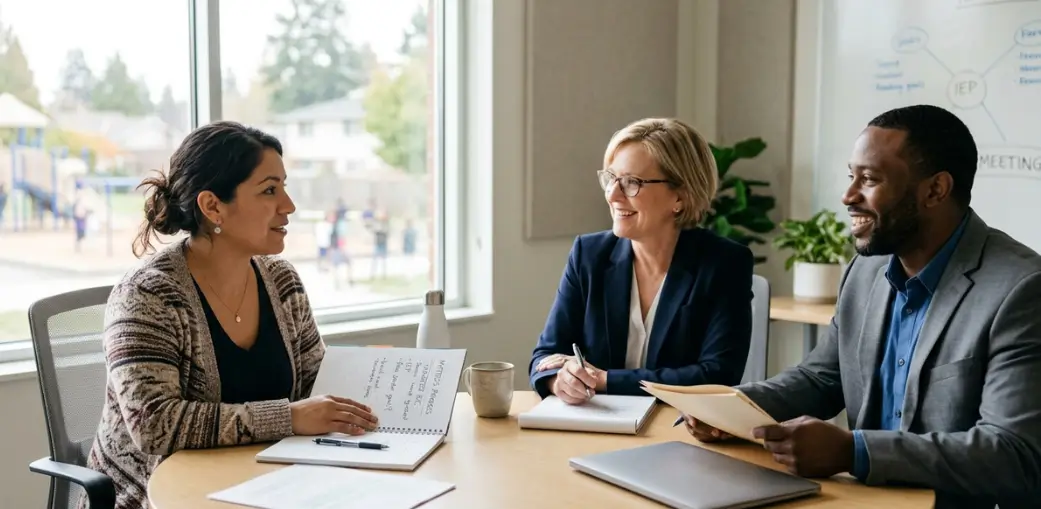A parent asking questions at her child's IEP meeting with school staff at EA Schools Ohio. AI